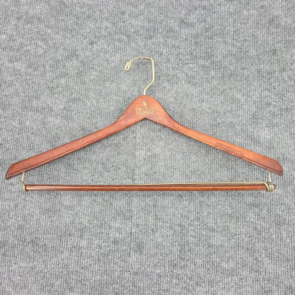 Polo Ralph Lauren Wishbone Wooden Suit Hanger Brown Gold Logo Brass Pant Bar